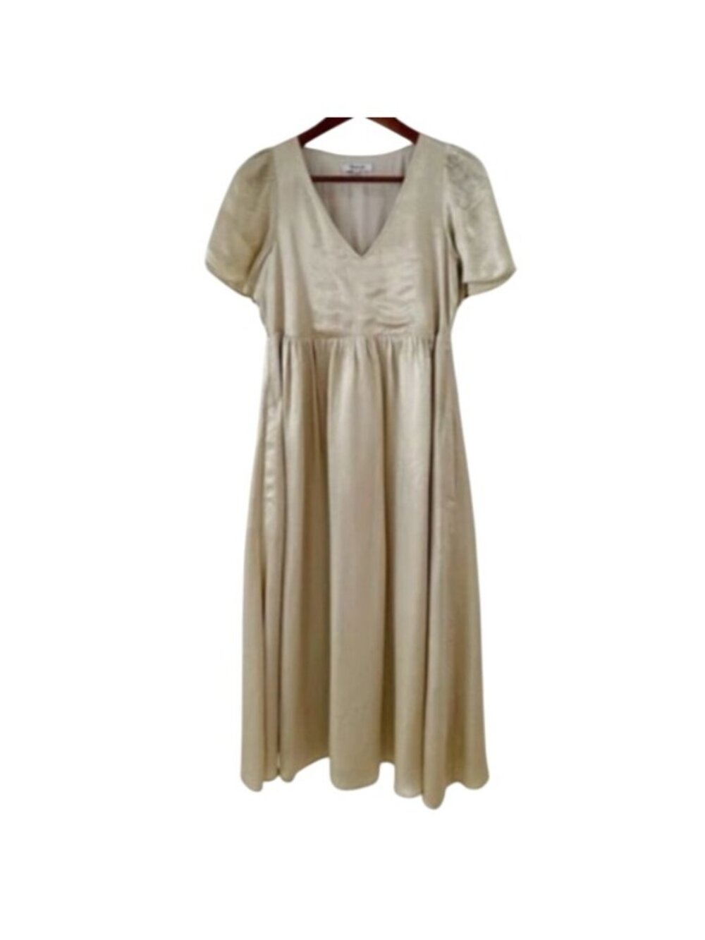 Madewell Puff-Sleeve V-Neck Midi Dress in Shiny Gold Satin ND148 XL X-Large
